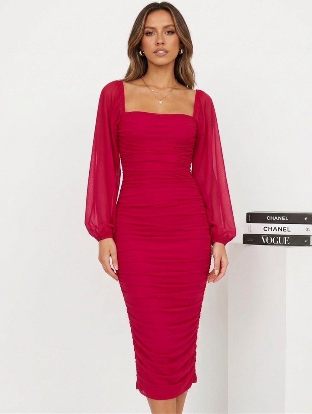 Hello Molly Ruched Square Neck Long Sleeve Midi Dress